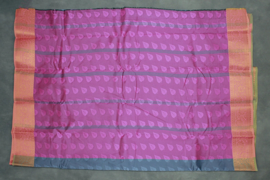 Grey Semi Silk Emboss Saree with Elegant Border, Leaf Motif Weave and Traditional Look