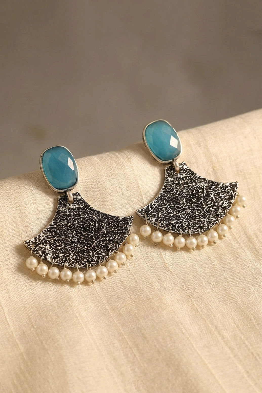 Sea Blue Stone Triangle Tassel Drop Earrings, Silver-Tone Party/Festive Jewellery for Women
