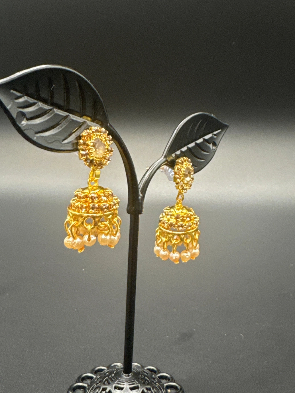 Gold-Tone Floral Pearl Jhumka Earrings for Women, 1.5 inch Traditional Indian Fashion Jewellery