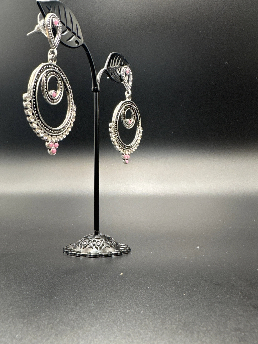 Oxidized Silver Spiral Drop Earrings with Coloured Stone Beads — 2 inch Traditional Indian Fashion Jewellery