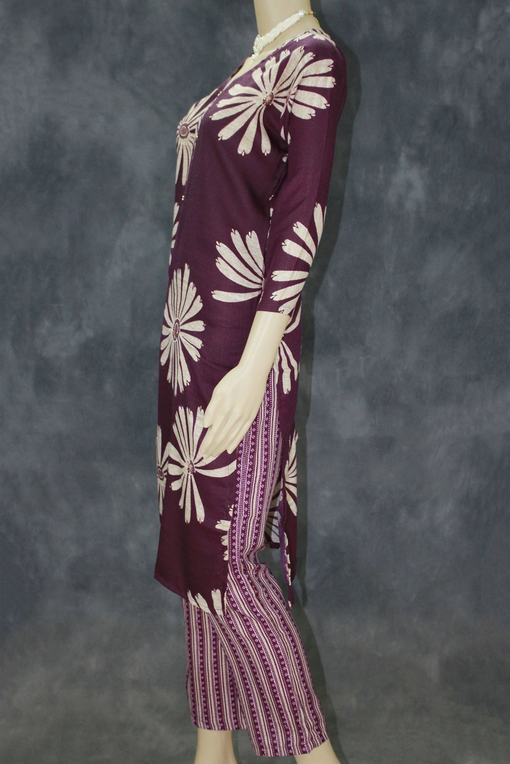 Dark Purple Floral Printed Kurta Set with Striped Elastic Pants - 2 Piece Rayon-Cotton Kurti Pajama for Casual Ethnic Wear