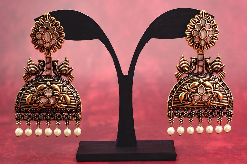 Antique Gold-Tone Jhumka Earrings with Light Onion Pink Stones and Pearls - Floral Stud with Bird & Lotus Motifs, 3 inch Jewelry JCS Fashions