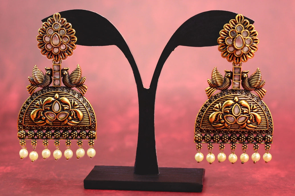 Antique Gold-Tone Grey Stone Jhumka Earrings with Pearl Drops - 3 Inch Ethnic Fashion Jewellery Jewelry JCS Fashions