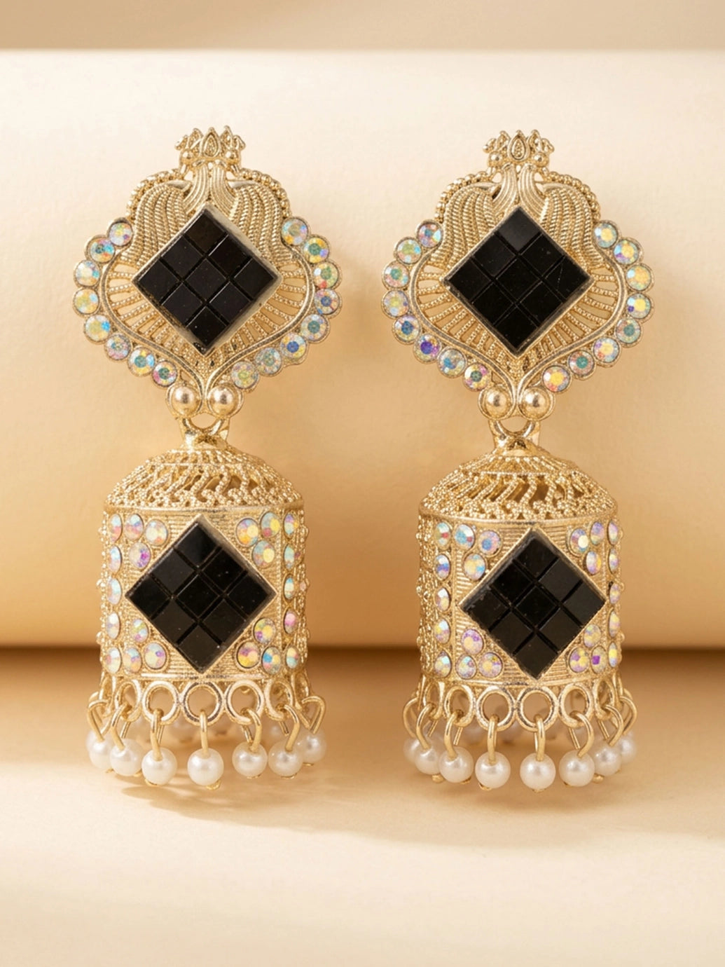 Traditional Gold-Tone Jhumka Earrings with Black Stone Studded Drop and Pearl-Look Dangles for Women