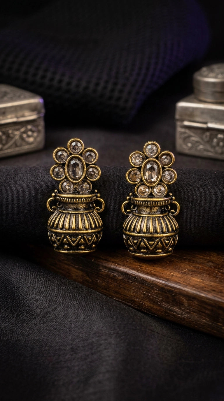 Antique Gold-Tone Floral Stud Jhumka Earrings with Champagne Crystal Stones for Women