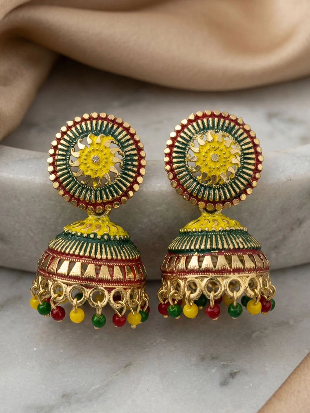 Gold-Tone Multi Color Floral Jhumka Stud Earrings with Bead Drop Danglers for Women