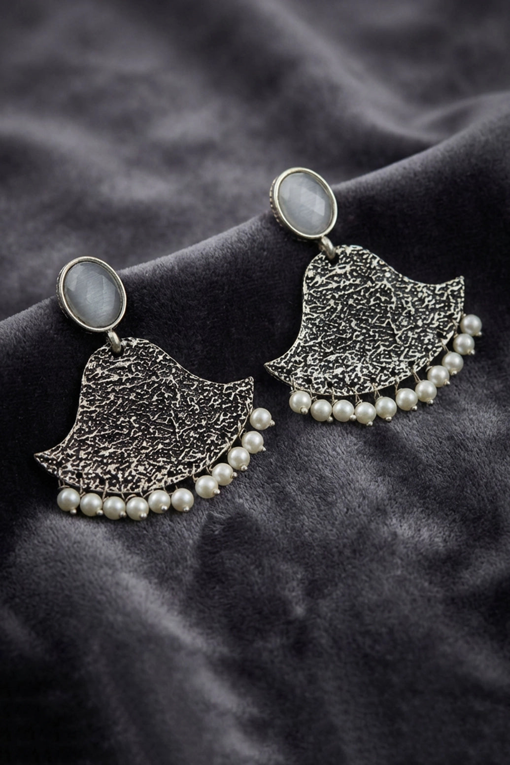 Grey Textured Triangular Stone Stud Earrings with Pearl Beaded Drop for Festive & Party Wear