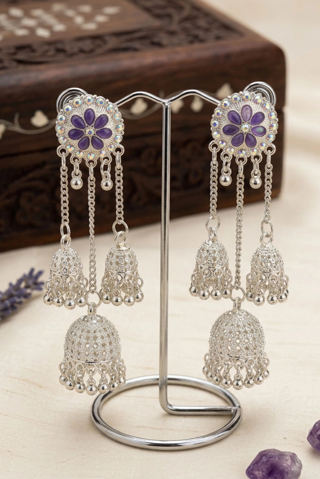 Silver-Finish Flower Stud Jhumka Earrings with Multicolor Crystal Stones and Filigree Dome Drop