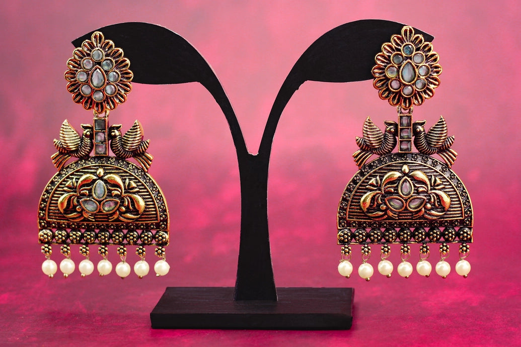 Antique Gold-Tone Sea Blue Jhumka Earrings with Pearl Drops - 3 inch Jewelry JCS Fashions