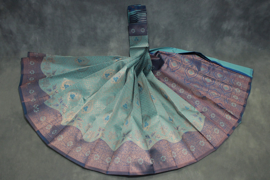 Kubera Pattu Saree Pastel Blue & Navy Blue Semi Silk with Design Border and Blouse