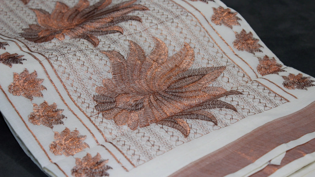 Pure Kerala Cotton Saree with Copper Zari Peacock & Leaf Embroidery, White