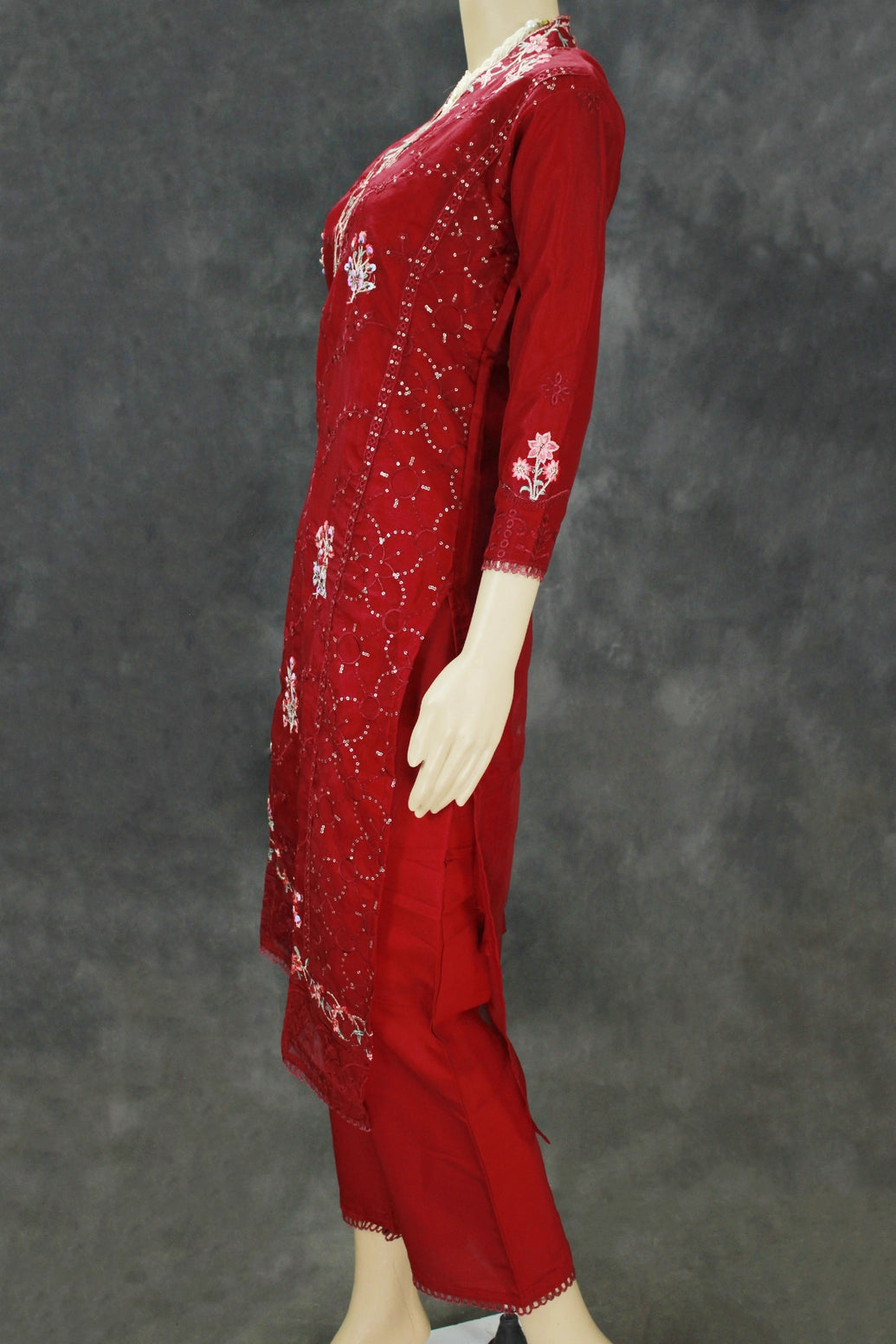 Maroon Organza 3-Piece Salwar Set with Khatli Work Kurti, Roman Silk Bottom and Border Work Dupatta