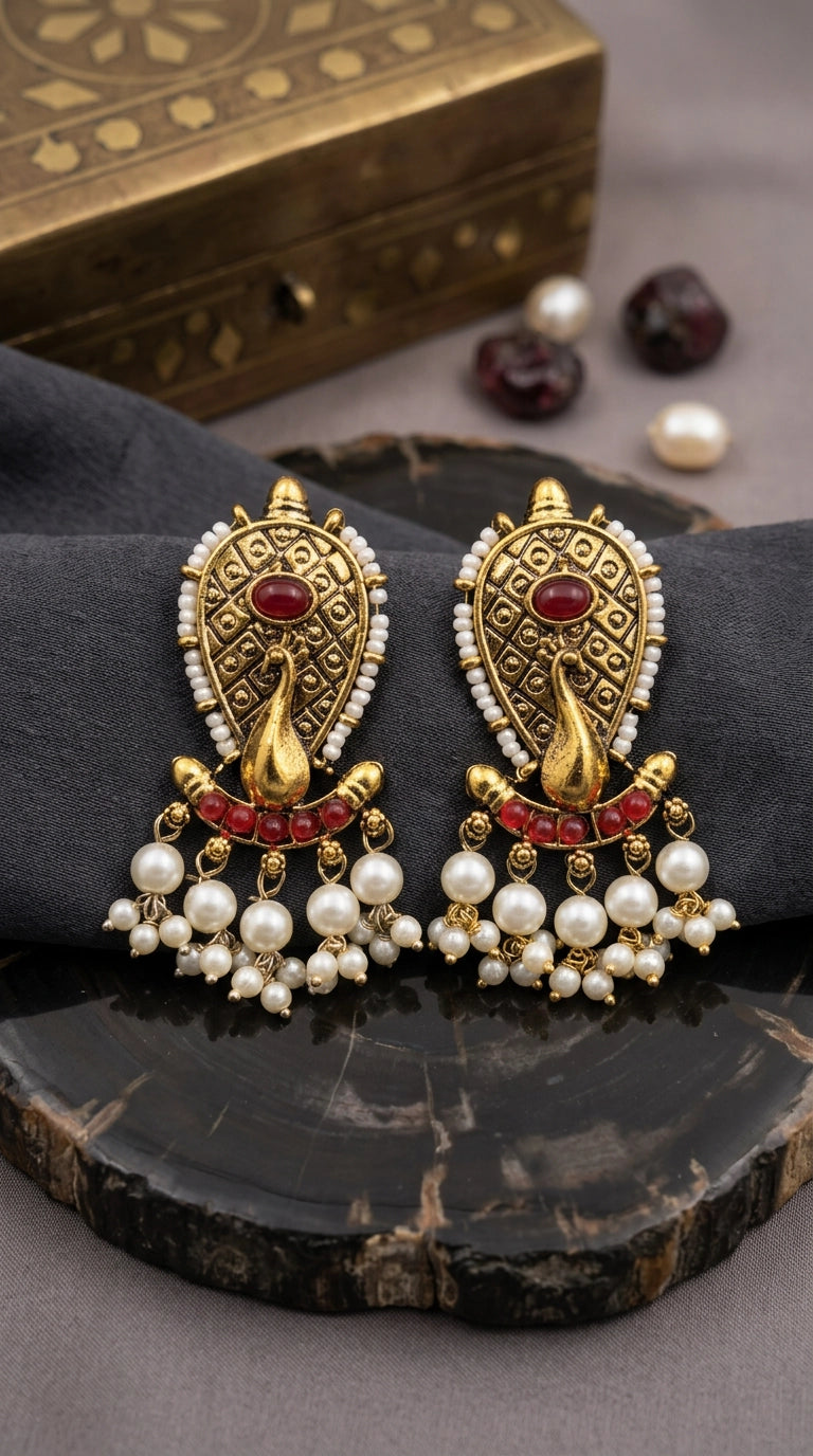 Red Oval Stone Pearl Drop Traditional Gold-Tone Statement Earrings for Women (2 inch)