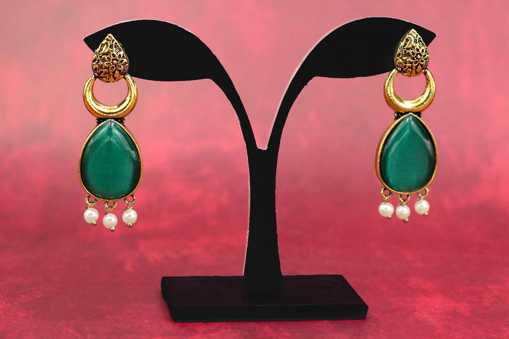 Gold-Tone Green Teardrop Earrings with Pearl Drops — Ethnic Fashion Jewellery Jewelry JCS Fashions