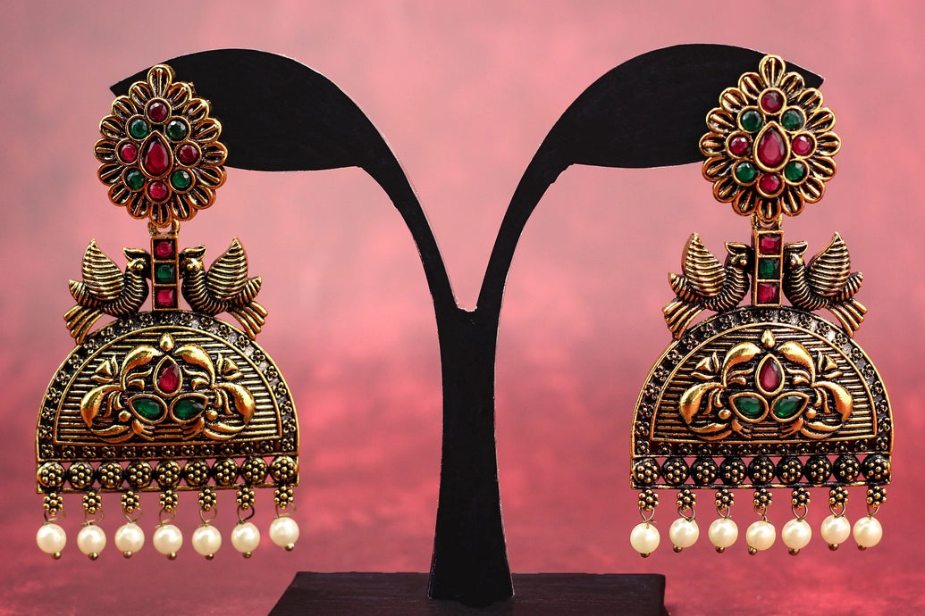 Antique Gold-Tone Jhumka Earrings with Green and Red Stones, Floral Stud & Pearl Drops - 3 inch Jewelry JCS Fashions