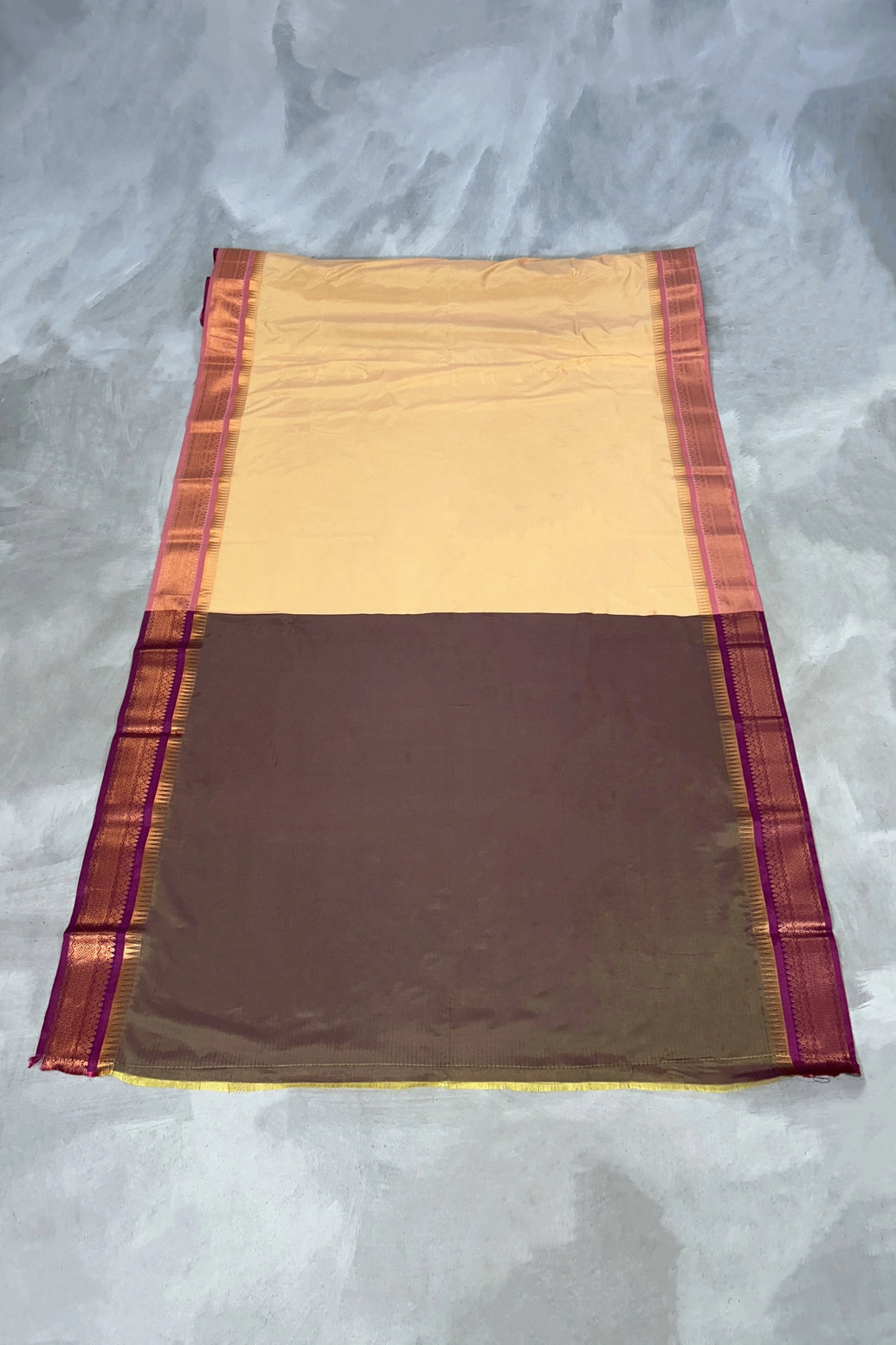 Sandal Soft Silk Saree with Korvai Style Gold Zari Buttas and Floral Border, Traditional Wedding Wear Saree