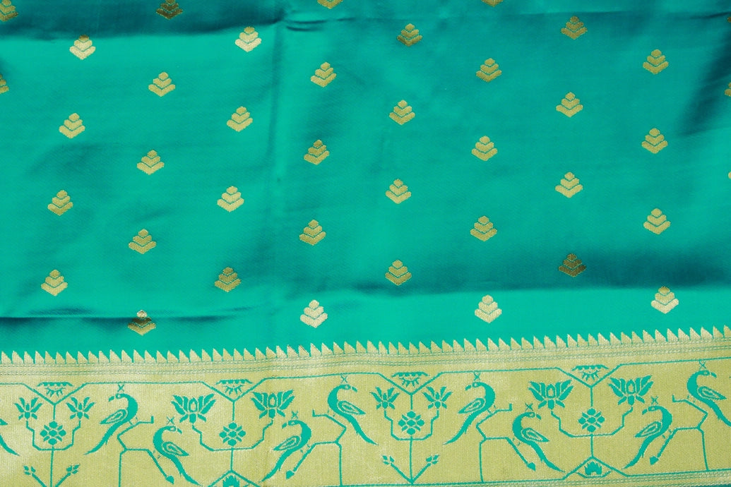 Green Paithani Pure Silk Saree with Peacock Zari Pallu and Design Border, Jacquard Full Body Butties