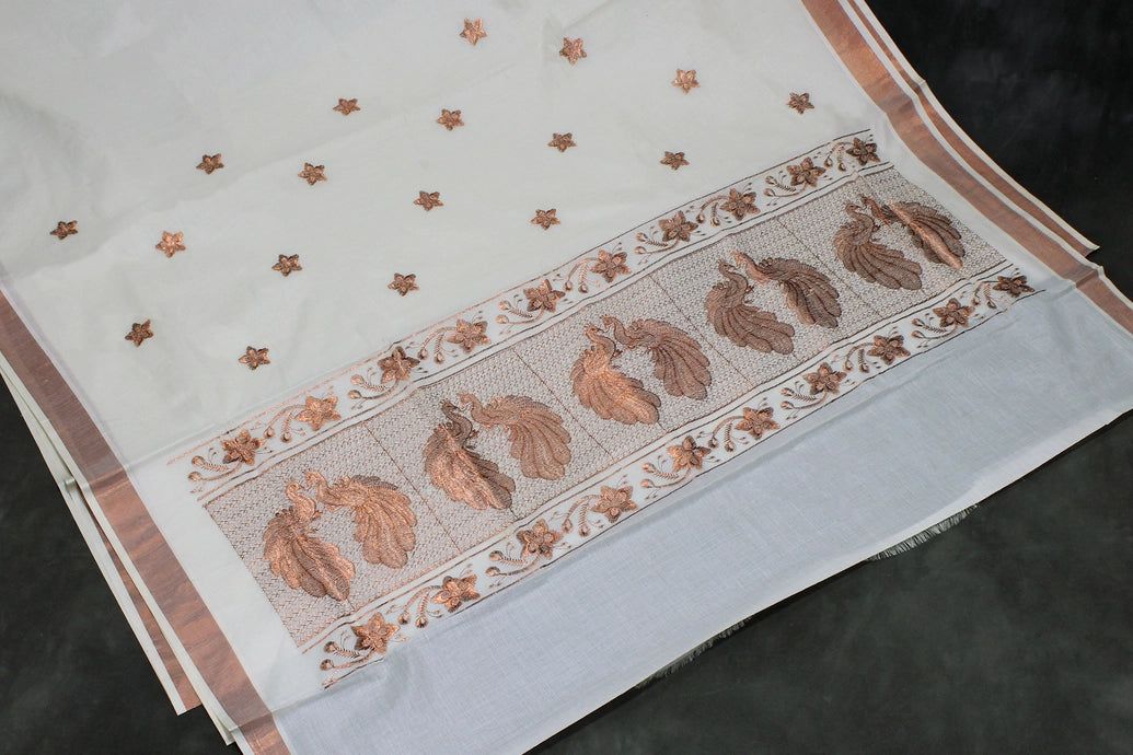 Pure Kerala Cotton White Saree with Copper Zari Peacock & Floral Machine Embroidery, Lightweight Traditional Saree with Blouse Piece