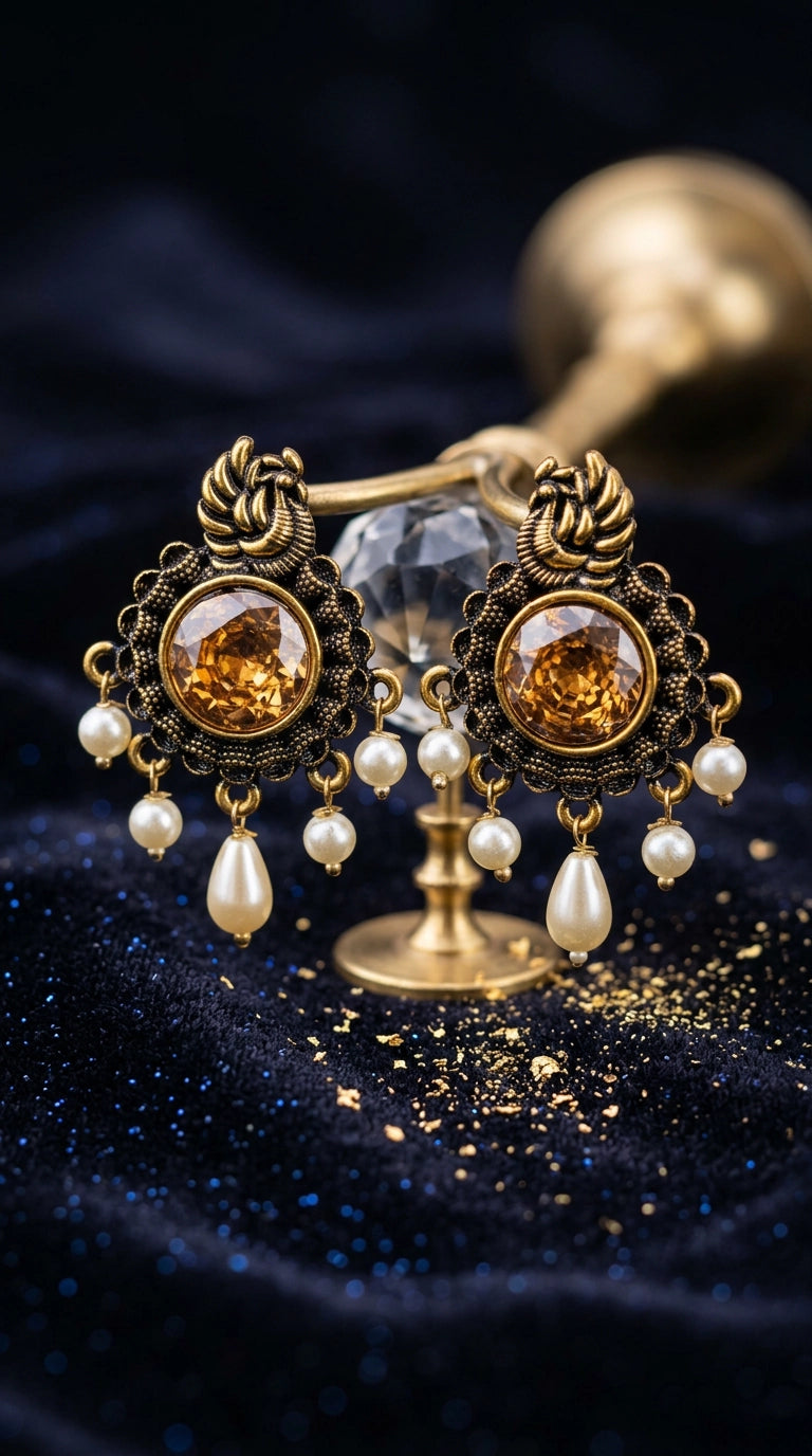 Gold-Tone Round Champagne Statement Earrings with Pearl Drops, Antique Finish for Traditional Festive Wear
