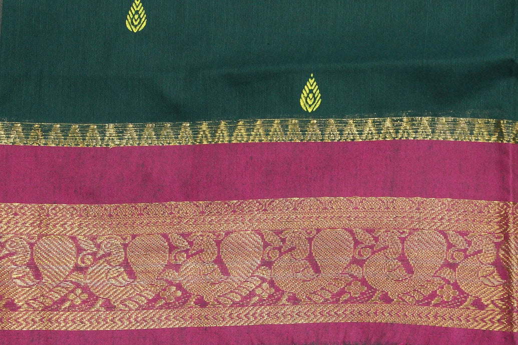 Dark Green Poly Cotton Butta Saree with Maroon Zari Border Saree JCS Fashions