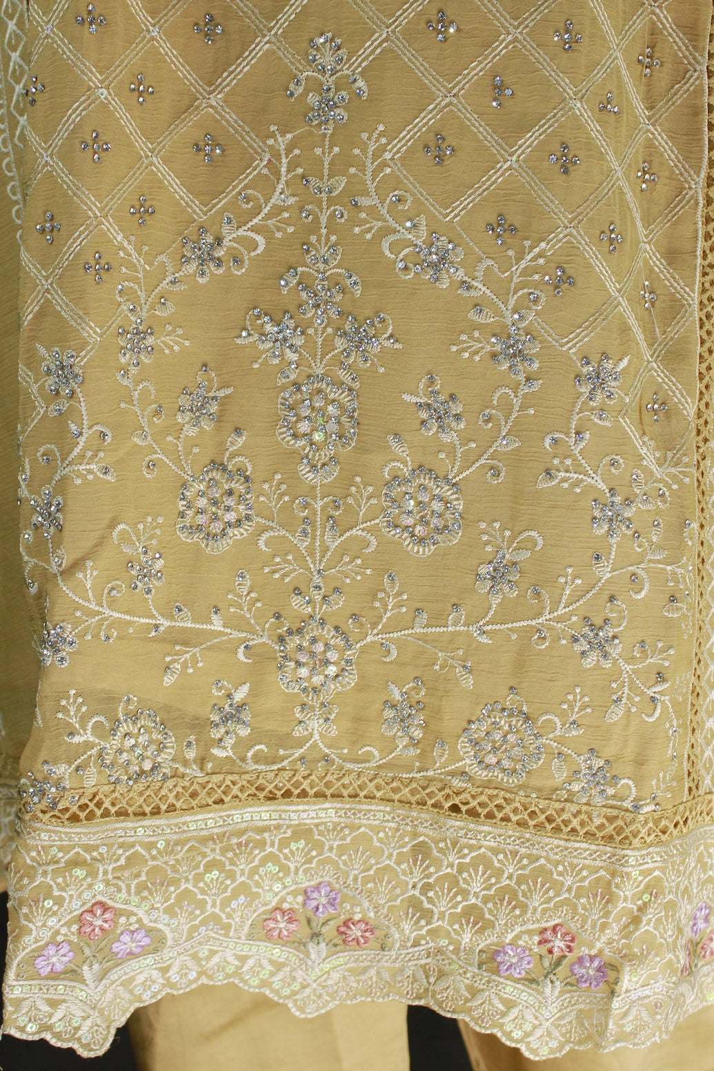 Pastel Yellow 3-Piece Salwar Kurti Set with Chiffon Dupatta, Stone Work Kurti and Elastic Pant