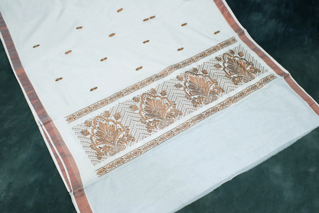 Pure Kerala Cotton White Saree with Copper Zari Peacock Embroidery and Blouse Piece