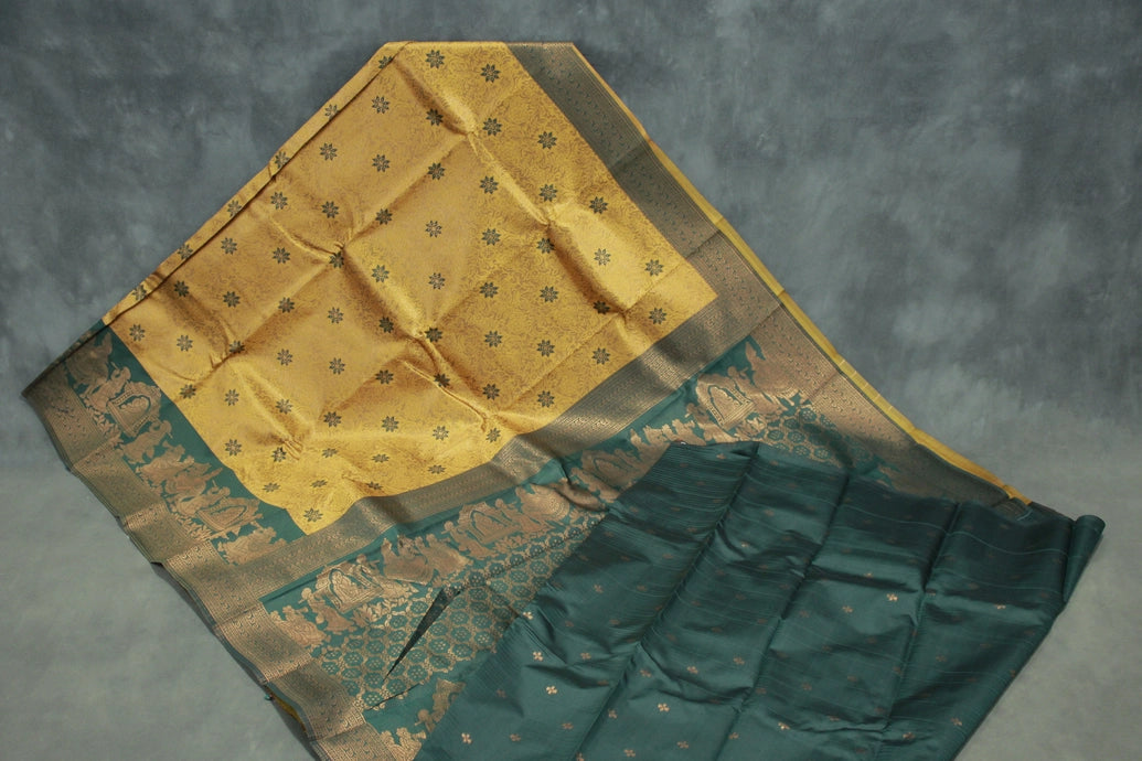 Mustard Kubera Silk Semi Silk Saree with Pallakku Design Border and Blouse, Traditional Woven Saree for Women