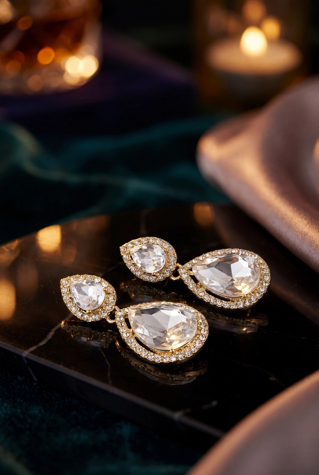 White Oval Drop Earrings with Crystal Halo Stones and Sparkling Rhinestones for Festive Wear