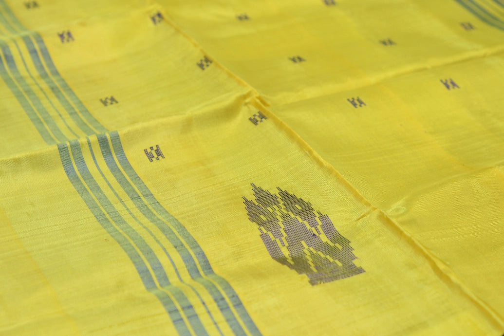 Handwoven Lemon Yellow Vaazhai Naar (Banana Pith) Borderless Saree with Deep Blue Pallu