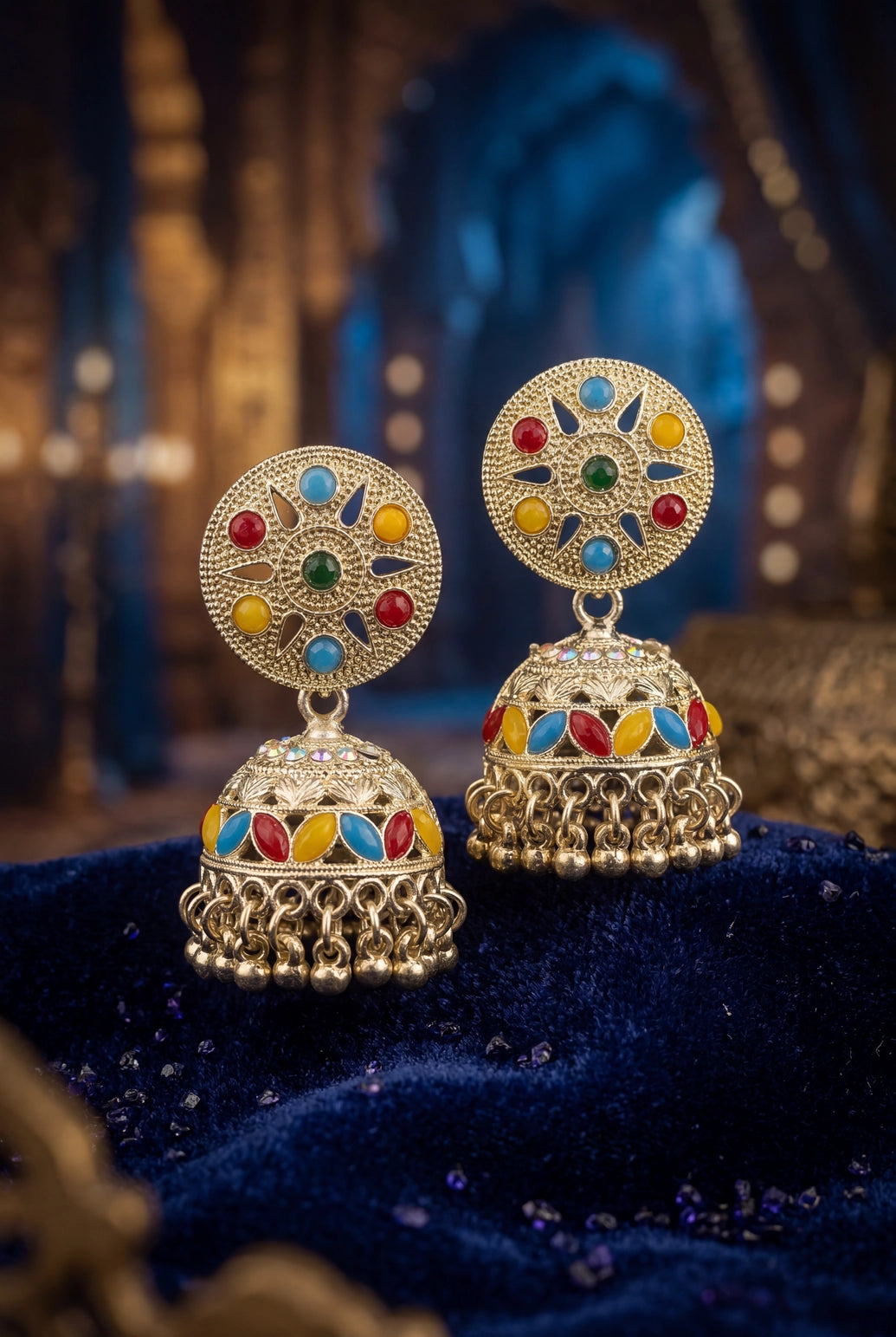 Silver Oxidized Jhumka Earrings with Multicolour Stone Stud Top and Beaded Danglers for Festive Wear