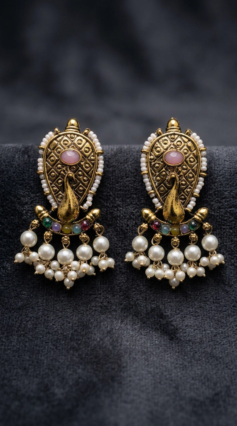 Traditional Oval Stone Antique Gold-Tone Pearl Tassel Earrings in Onion Pink & Multi-Color