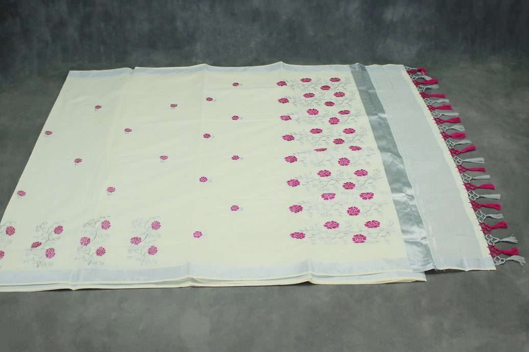Half White Kerala Cotton Saree With Silver Zari Floral Embroidery and Thread Work