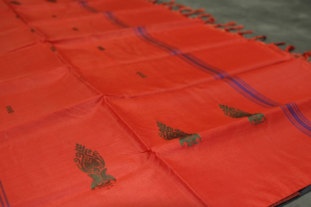Red Vaazhai Naar (Banana Pith) Borderless Saree with Small Butta and Contrast Stripes - Traditional South Indian Weave