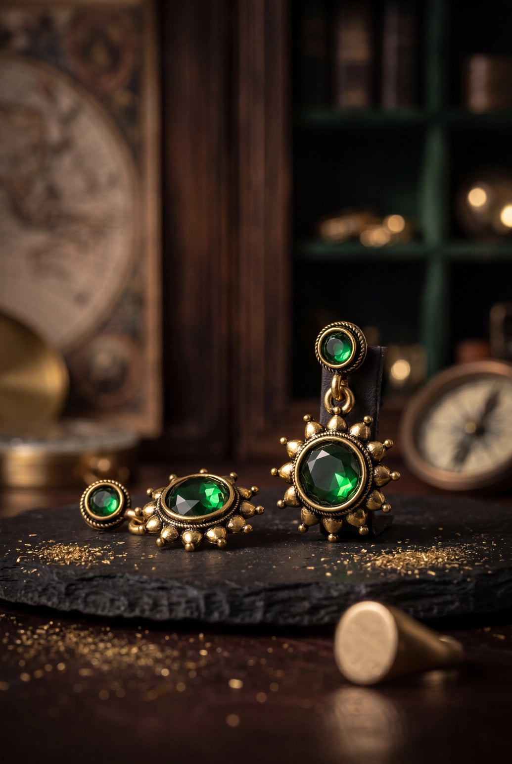 Green Stone Drop Gold-Tone Traditional Fashion Earrings with Antique Finish, Beaded Chandbali Style