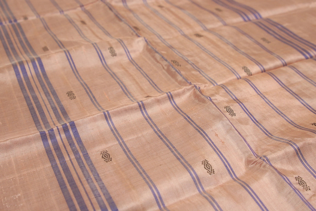 Peach Vaazhai Naar (Banana Pith) Saree with Small Buttas and Blue Pallu