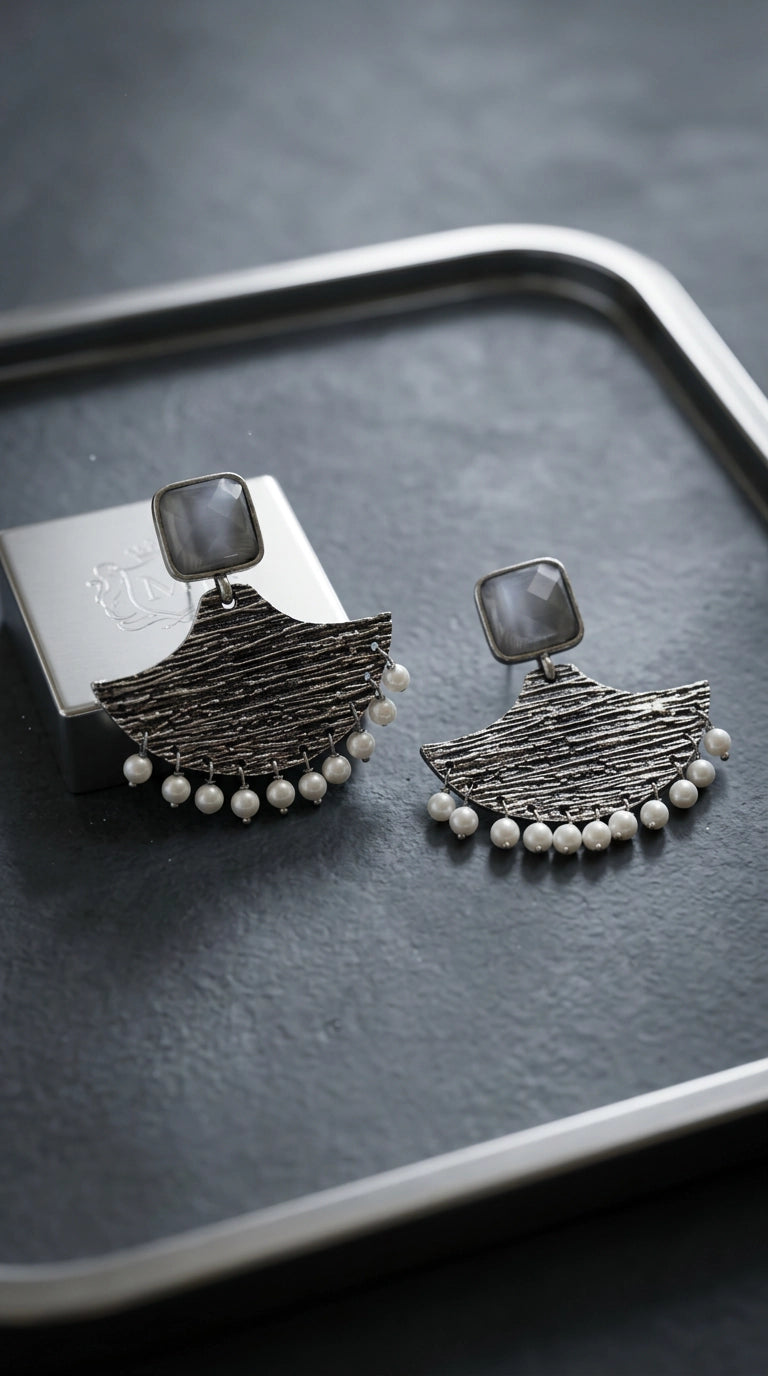 Grey Textured Triangle Stone Drop Earrings for Women, Silver-Toned Party Festive Jewellery