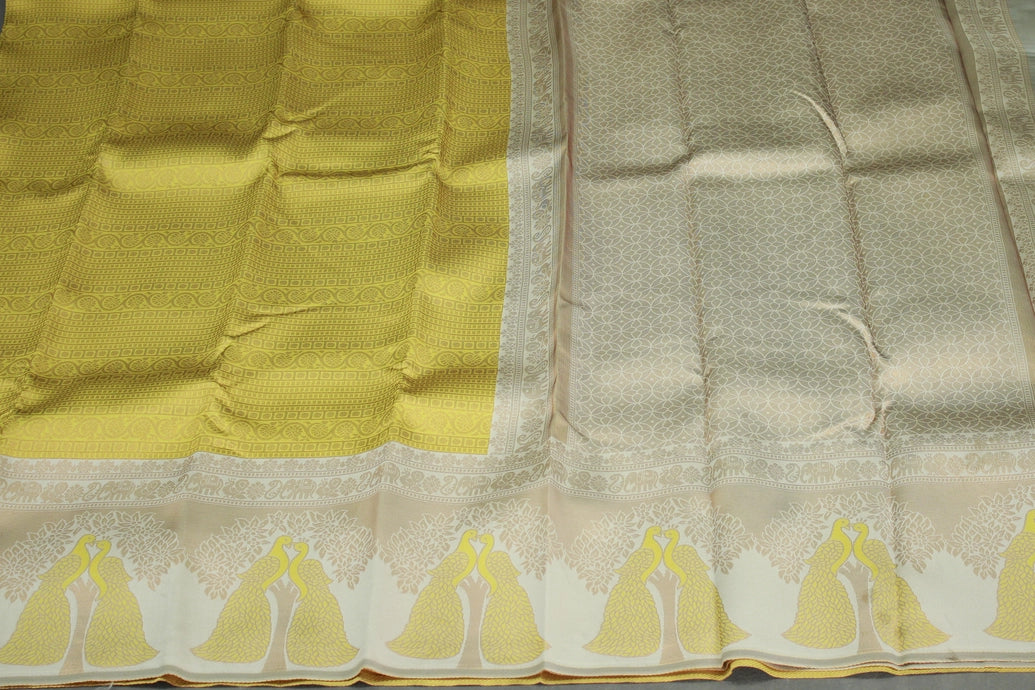 Mustard Yellow Kubera Silk Saree with Peacock Border and Contrast Pattern, Semi Silk Saree with Blouse