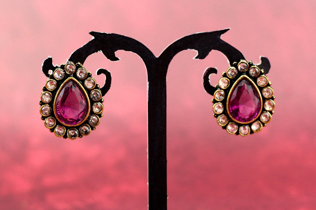 Purple Teardrop Stud Earrings – Kundan-Style Gold-Tone Halo with Faceted Purple Stone, 1 inch Fashion Jewellery Jewelry JCS Fashions