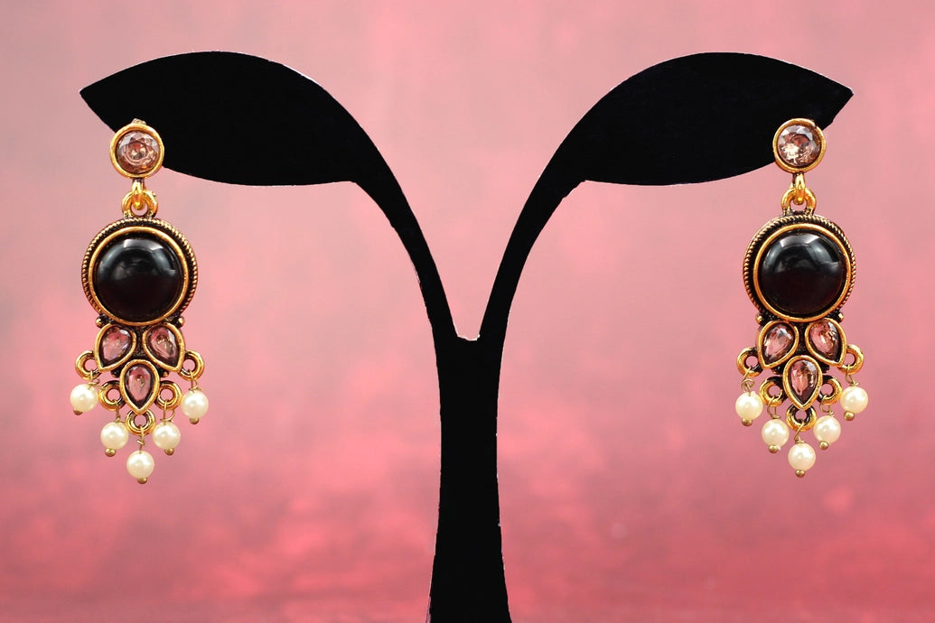 Black Gold-Tone Antique Pearl Drop Earrings for Traditional Indian Wear Jewelry JCS Fashions