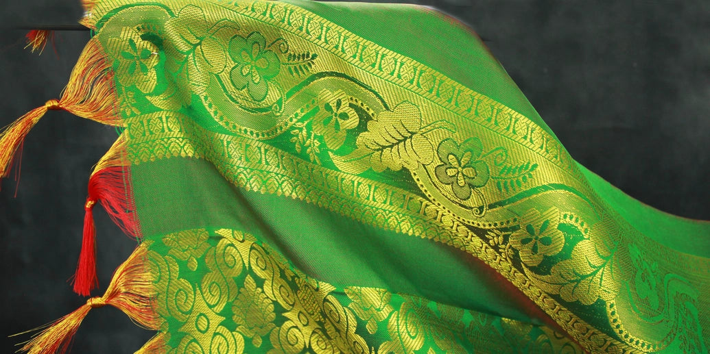 Green Zari Pattu Shawl with Traditional Border and Tassels for Pooja, Events and Functions