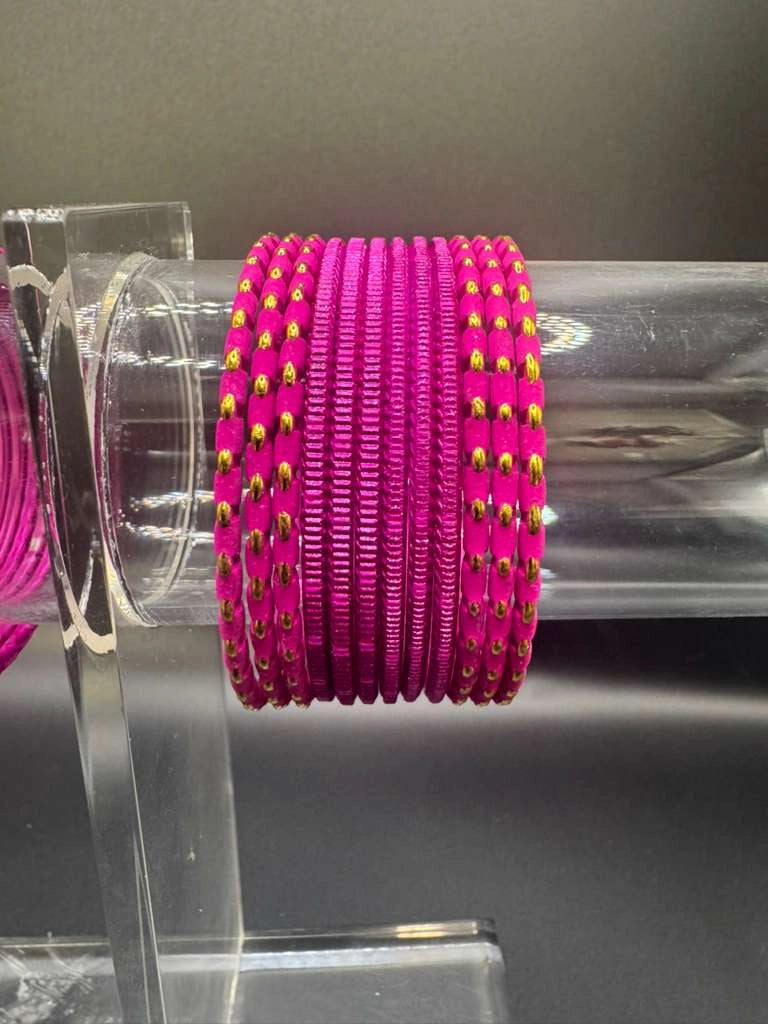 Kids Rani Pink Metal Bangles (24 Pieces) with Gold-Tone Stud Detail for Daily Wear & Festive Outfits