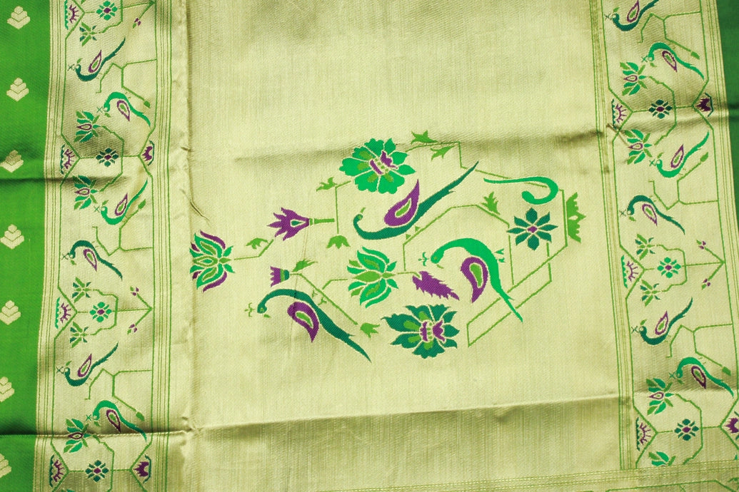 Mehendi Green Paithani Pure Silk Peacock Design Pallu Saree with Zari Woven Border