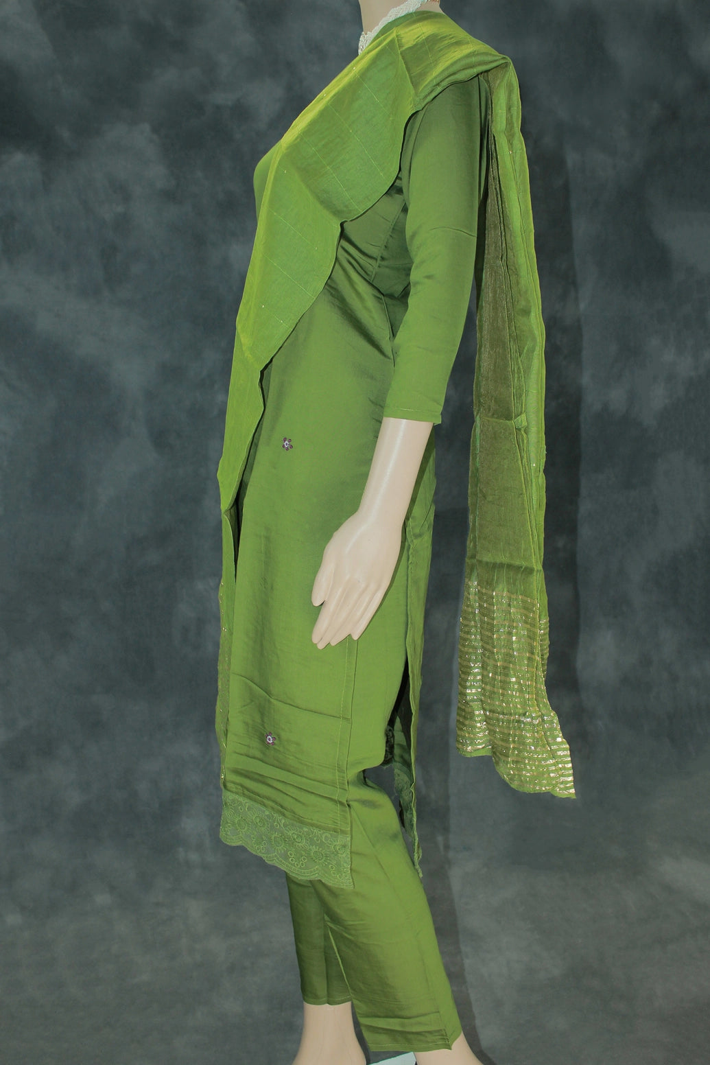 Mehendi Green Rayon Silk 3-Piece Kurti Set with Lined Elastic Pant & Zari Cotton Dupatta