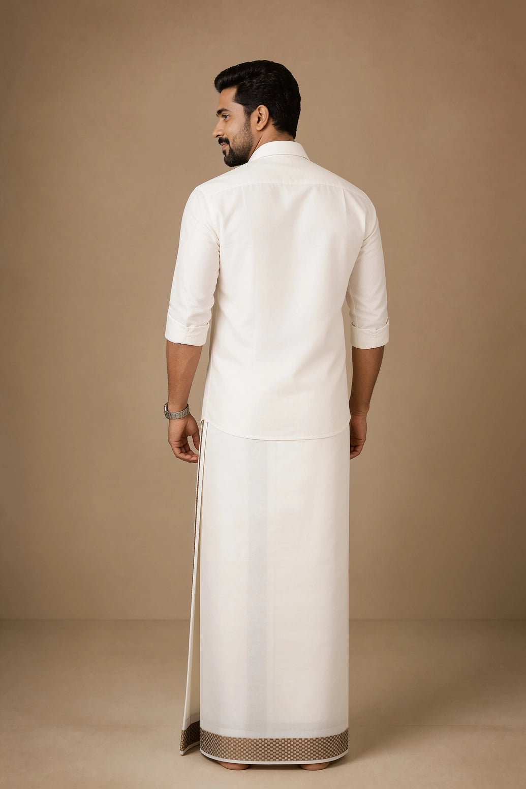 Men Off-White Cotton Dhoti with Woven Check Border and Gold-Tone Zari Lines (2m Single Veshti)