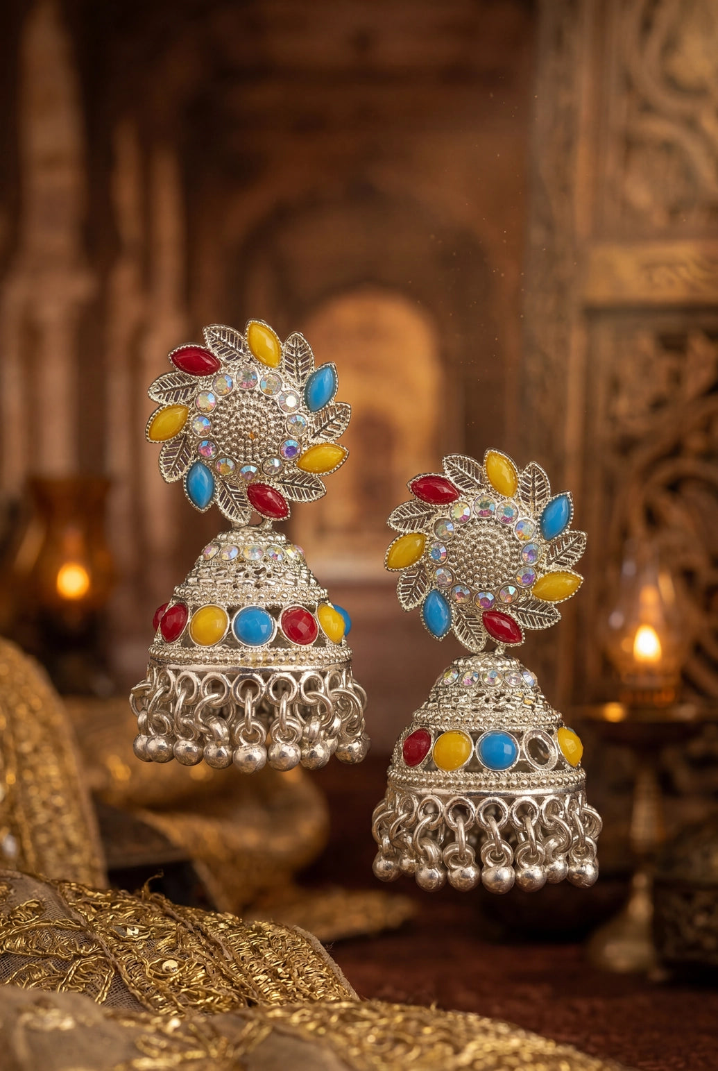 Silver Oxidized Multicolor Jhumka Earrings with Stud Top and Dangler Beads for Festive Traditional Wear