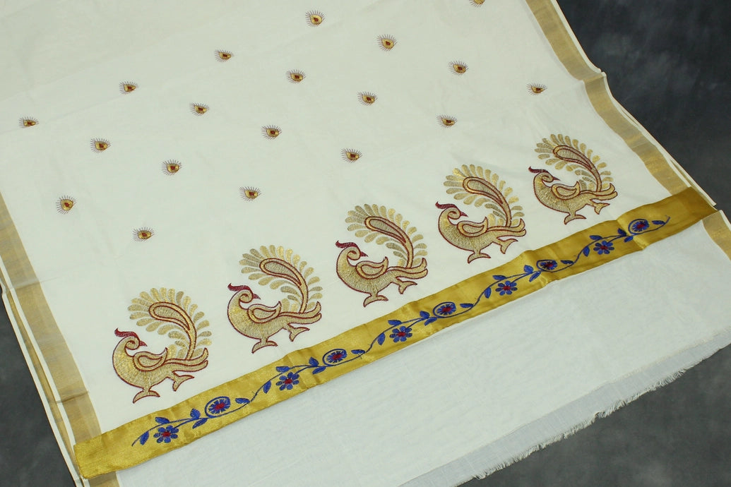 Pure Kerala Cotton White Saree with Gold Zari Peacock Embroidery Pallu – Blouse Piece Included