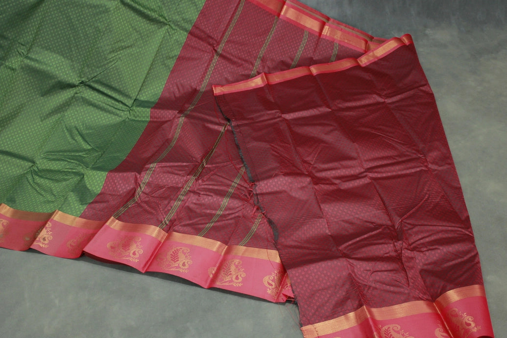 Dark Olive Green Emboss Silk Saree with Floral Design Satin Border and Blouse