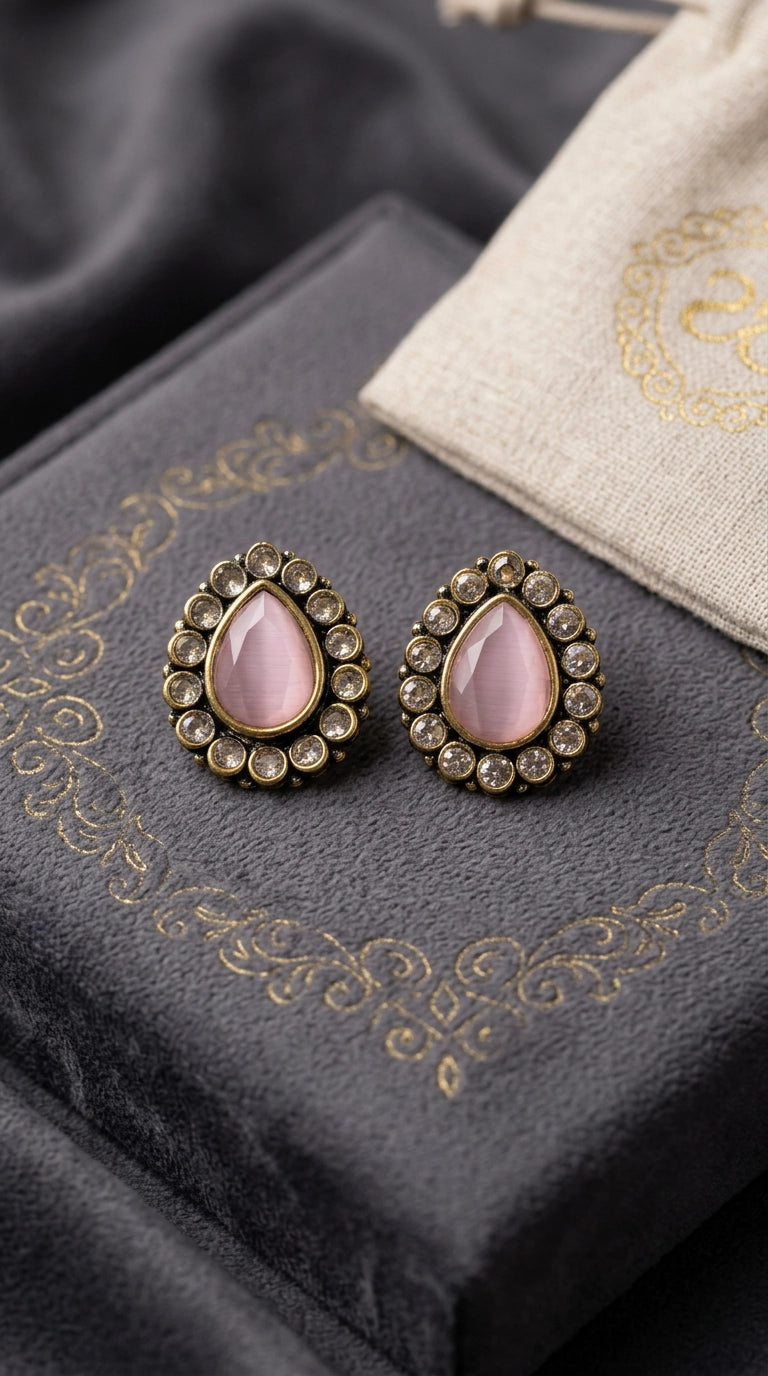 Light Pink Teardrop Halo Stud Earrings with Gold-Tone Crystal Border for Women