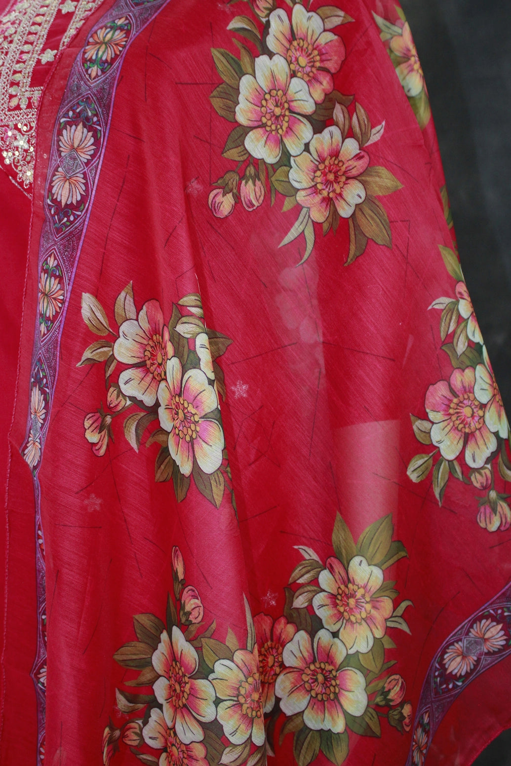 Dark Pink Roman Silk 3-Piece Kurti Set with Organza Floral Dupatta and Embroidered Neck