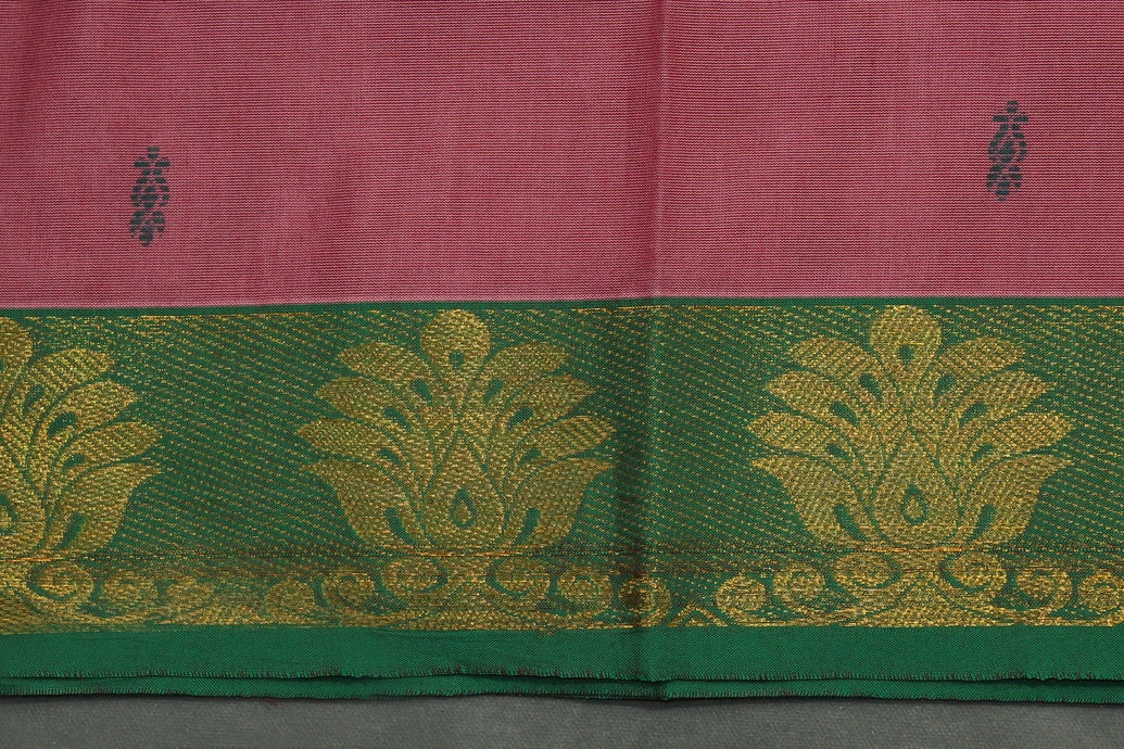 Onion Pink Poly Cotton Saree with Green Zari Border and Butta Motifs Saree JCS Fashions